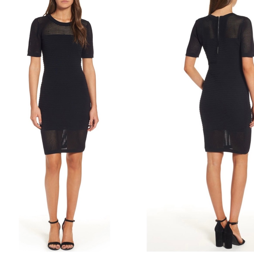 Sentimental NY. Open Weave Bodycon Dress, Black. Above the knee.